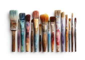 Fototapeta premium Row of used paintbrushes, various sizes and colors