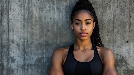 Fototapeta premium A muscular woman in a black sports bra and tank top, standing against a concrete wall with her arms crossed, looking directly at the camera.