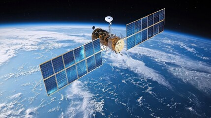 A satellite in orbit above Earth, with solar panels and a communication dish.