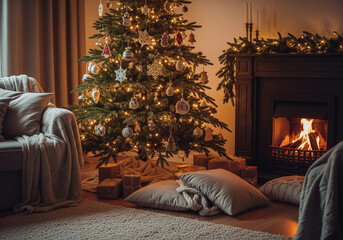 Cozy Christmas Living Room with Fireplace