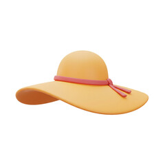 Fototapeta premium A 3D rendering of a wide-brimmed sun hat, colored in yellow with a pink ribbon tied around the crown.