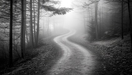 A winding path through a misty forest.  A grayscale image showcases a curving road that disappears into a dense, foggy woodland.  