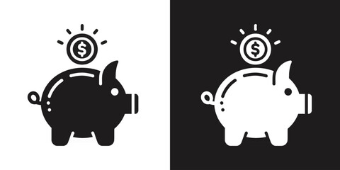 A black and white icon set of a piggy bank with a dollar coin, representing savings, investment, and personal finance.