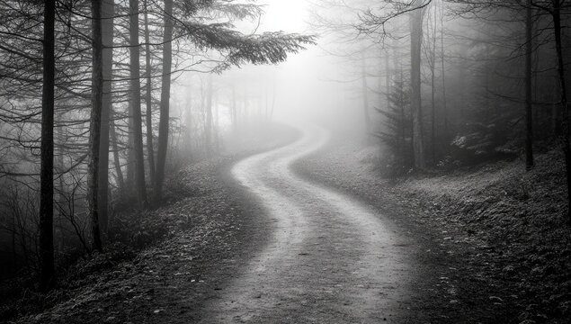 A winding path through a misty forest.  A grayscale image showcases a curving road that disappears into a dense, foggy woodland.   - Powered by Adobe