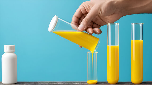 Male hand hold yellow liquid in test tube. Conveyor line production household cleaning products detergents help cleaning destruction stains pests urine poison antidote vaccine concept.