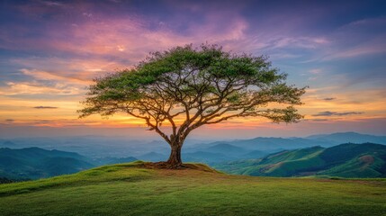Majestic tree on a hilltop at sunset.