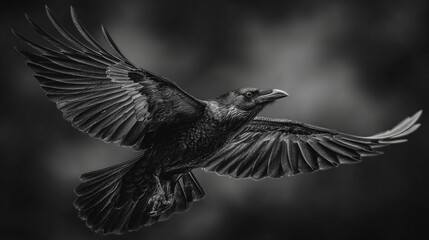 Fototapeta premium A monochrome close up of a raven in mid flight with wings spread against a dark background