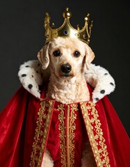 Dog (poodle or bulldog) wearing a royal red robe and crown with gold embroidery