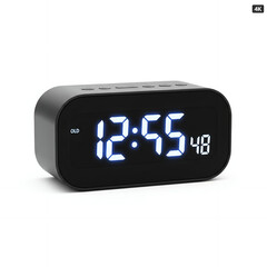 Digital alarm clock with bright LED numbers, minimalist design