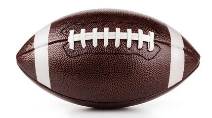 An American football displayed with crisp stitching details, isolated on a pure white background.