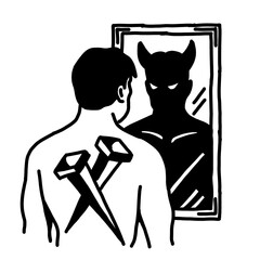 Man with nail tattoo sees demon reflection in mirror.