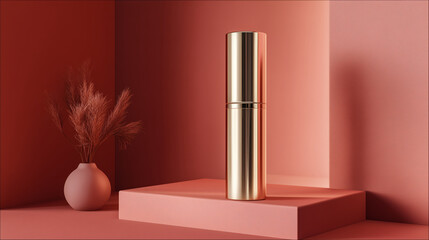 A single tube in warm, direct light on a matte pastel shelf, with deep pink hues filling the scene, creates an elegant composition for high-end beauty branding and maximum product attention.