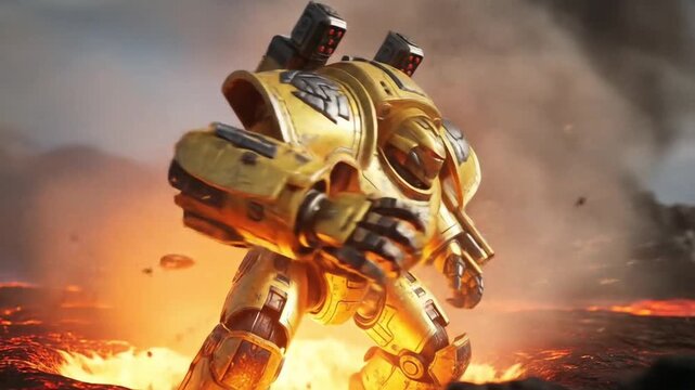 A powerful, golden war machine stands amidst fiery devastation, its weaponry poised.