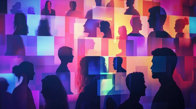 Silhouettes of people against a colorful, pixelated background.