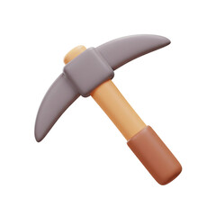 Stylized 3D render of a pickaxe with a gray head, light brown handle, and dark brown grip, isolated on a white background.