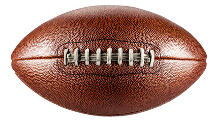 An American football displayed with crisp stitching details, isolated on a pure white background.