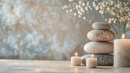 A serene spa setting with a stack of stones and candles.