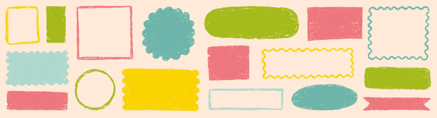 Doodle brush crayon shape frame set. Hand drawn paint box, circle border label, pastel text frame in rough chalk brush texture. Cute color scribble square, round shape background. Vector illustration