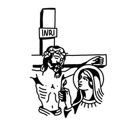Religious line art: Christ on a crucifix, Virgin Mary holding a candle