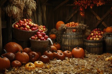 A rustic barn interior overflows with autumnal bounty;  baskets and barrels brimming with ripe red apples and plump orange pumpkins, nestled amongst fallen leaves and straw
