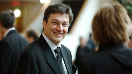 A man in a suit and tie smiling at a woman in a black jacket.
