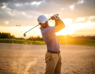 Golfer in action at sunset