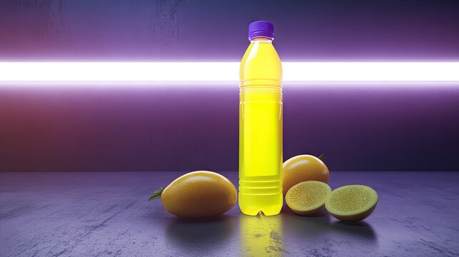 A vibrant yellow beverage in a plastic bottle with a purple cap sits on a dark surface next to whole and halved lemons under neon light.  The scene is digitally rendered