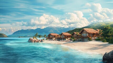 A picturesque beach scene with a wooden house, palm trees, and a clear blue sky with fluffy white clouds.