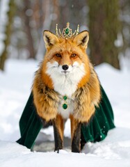 Fox with a fur-lined cloak and emerald crown standing in a snowy forest 