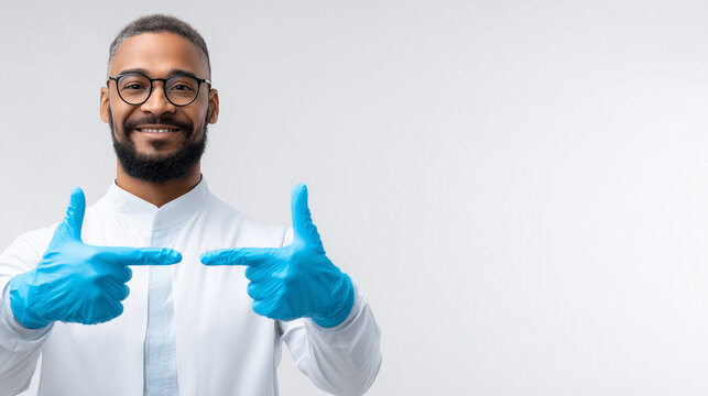 Black male doctor wearing blue gloves and glasses, pointing with his fingers at the camera - Powered by Adobe