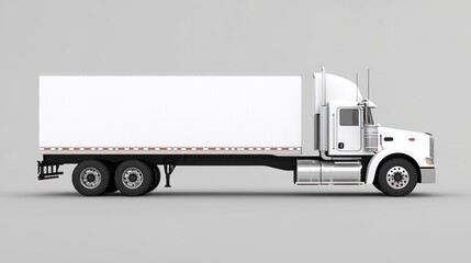 A white semi-truck with a white trailer parked on a gray background.