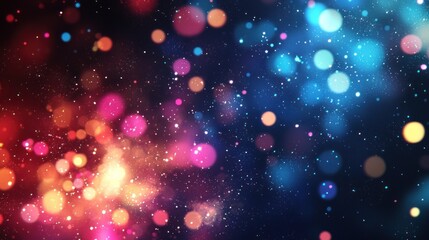 Fototapeta premium A vibrant, colorful abstract background featuring a mix of blue, pink, and orange circles and dots against a dark, starry backdrop.