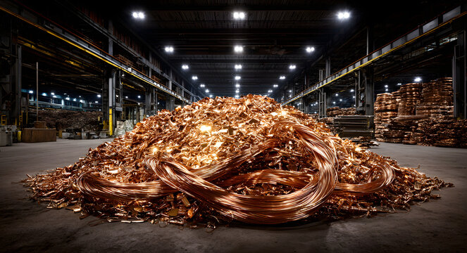 Large heap of gleaming copper metal scrap with twisted wires and fittings in industrial setting