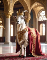 Goat with royal robe, crown tilted to the side, standing confidently in a palace hall 