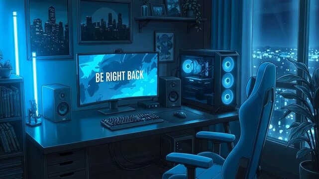 Blue Gaming Setup: Be Right Back. Stream starting soon screen, overlay loop, animated virtual backgrounds, cozy lo-fi gaming room view. vtuber asset twitch zoom OBS.