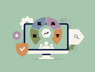 E-E-A-T signals rank experience, expertise, authority and trust through high-quality content evaluation. EEAT signals SEO content credibility across domains and knowledge areas vector illustration