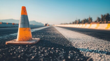 A traffic cone on a road with a clear sky in the background.