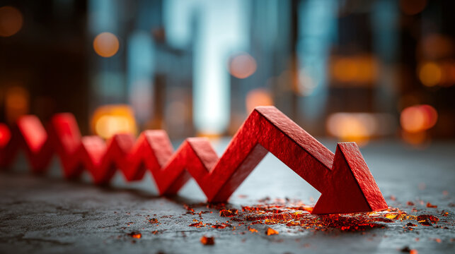 A red arrow pointing downwards on a textured surface with a blurred background of lights