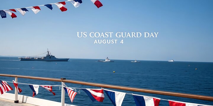 Us coast guard day celebration featuring a parade of ships and festive maritime decorations under a clear blue sky
