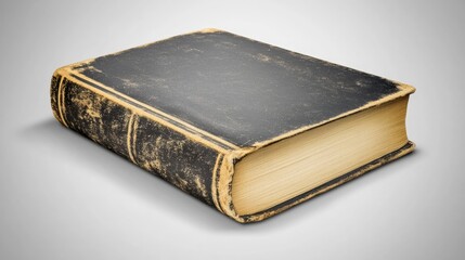 Obraz premium A thick, antique book with a worn, dark-colored cover, showing significant age and discoloration. The exposed edges of the pages are yellowed and aged, suggesting significant time passed