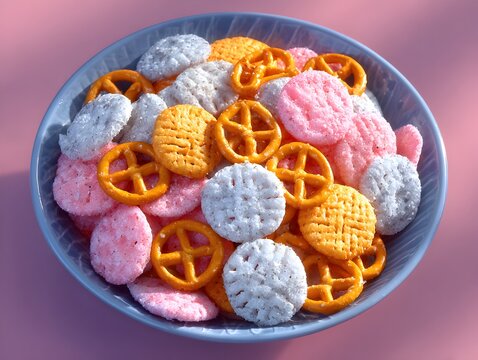 A vibrant bowl of colorful assorted crunchy party mix snacks sit in a blue dish on a pinkish surface.