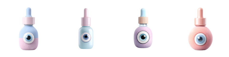 Whimsical Eye Serum Bottles Collection in Pastel Colors on White Background