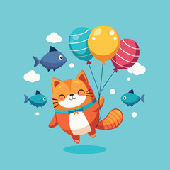 Cat Holding Balloons with Floating Fish