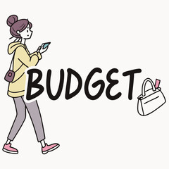 Woman using smartphone with budget text and handbag illustration