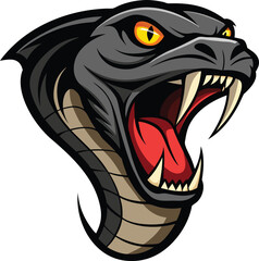Aggressive cobra head with open mouth fangs and yellow eyes isolated on white background