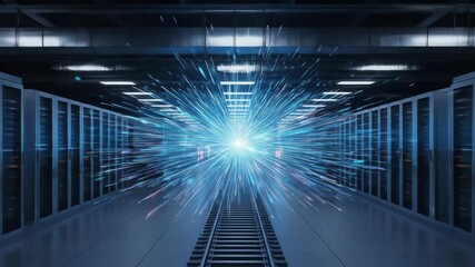 Data center with server racks and abstract blue data stream, modern technology concept. - Powered by Adobe