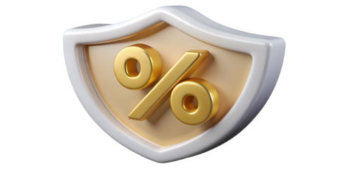 Golden percentage symbol on a protective shield isolated on transparent background