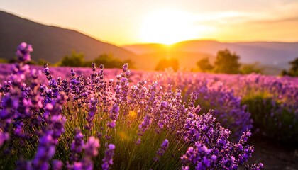 Fototapeta premium Vibrant lavender field at sunset