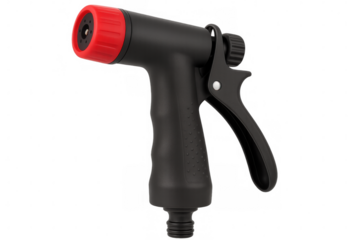 Black Garden Hose Nozzle with Red Tip on Transparent Background