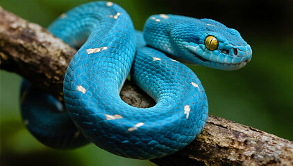 Fototapeta premium Stunning vibrant blue python coiled on branch with piercing yellow eyes, a captivating wild creature